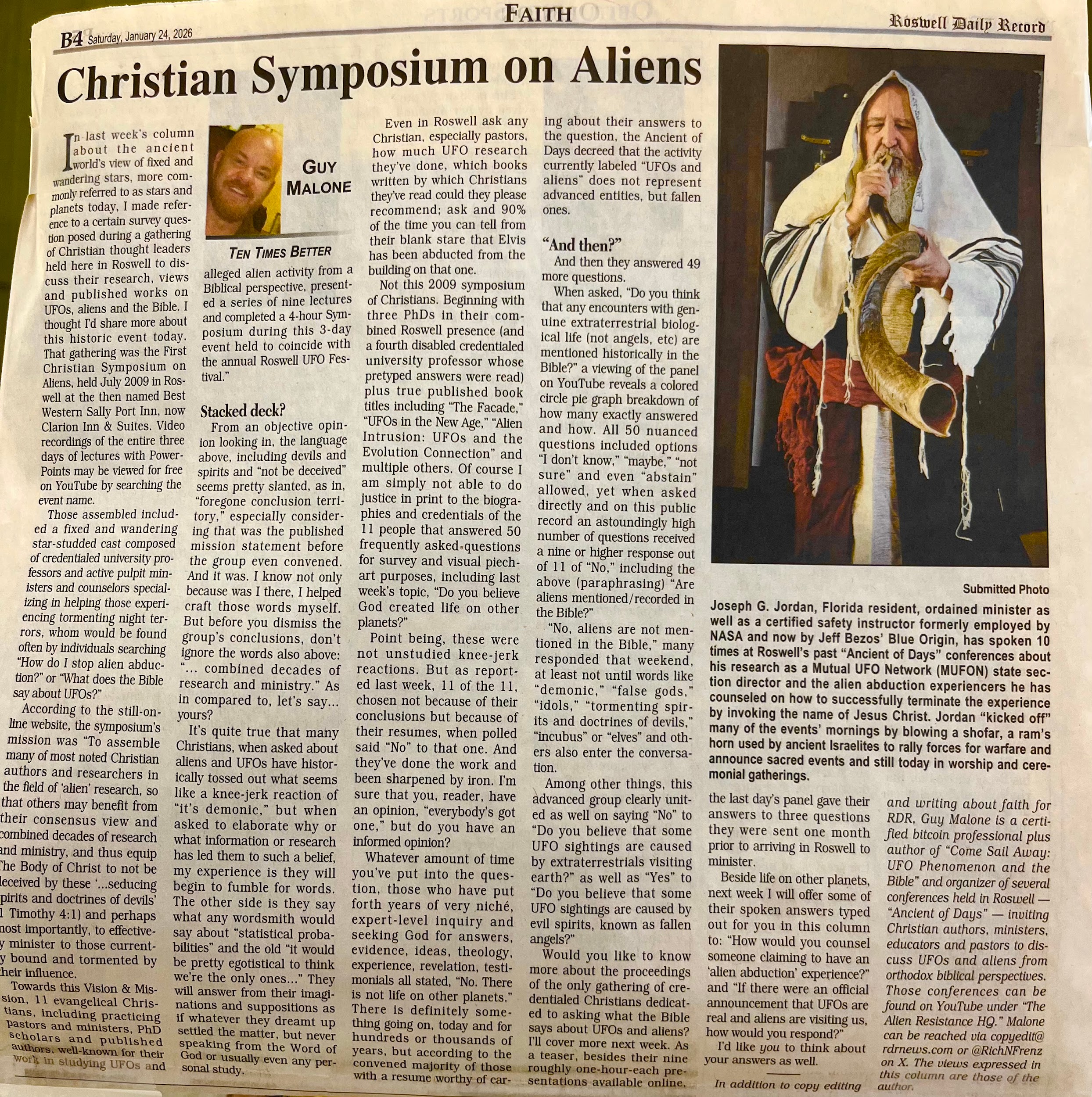 Guy Malone's January 2026 newspaper column about the First Christian Symposium on Aliens
